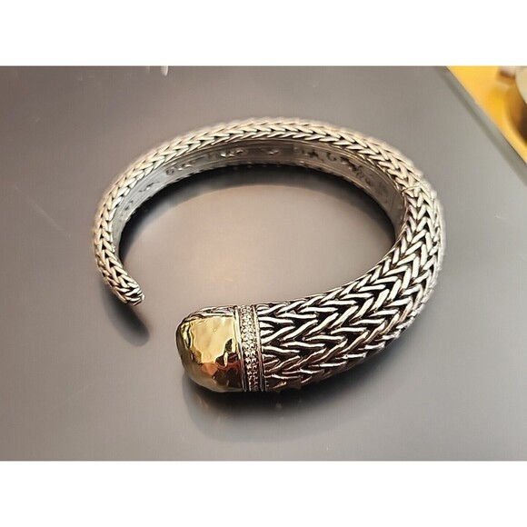 John Hardy Sterling Silver 18kt Gold with Diamonds Hinged Cuff